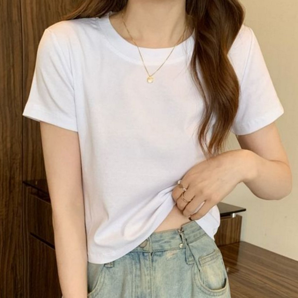 베이직 여성 크롭 반팔 티 데일리 여성 반팔 티셔츠 라운드 - 상품 이미지
