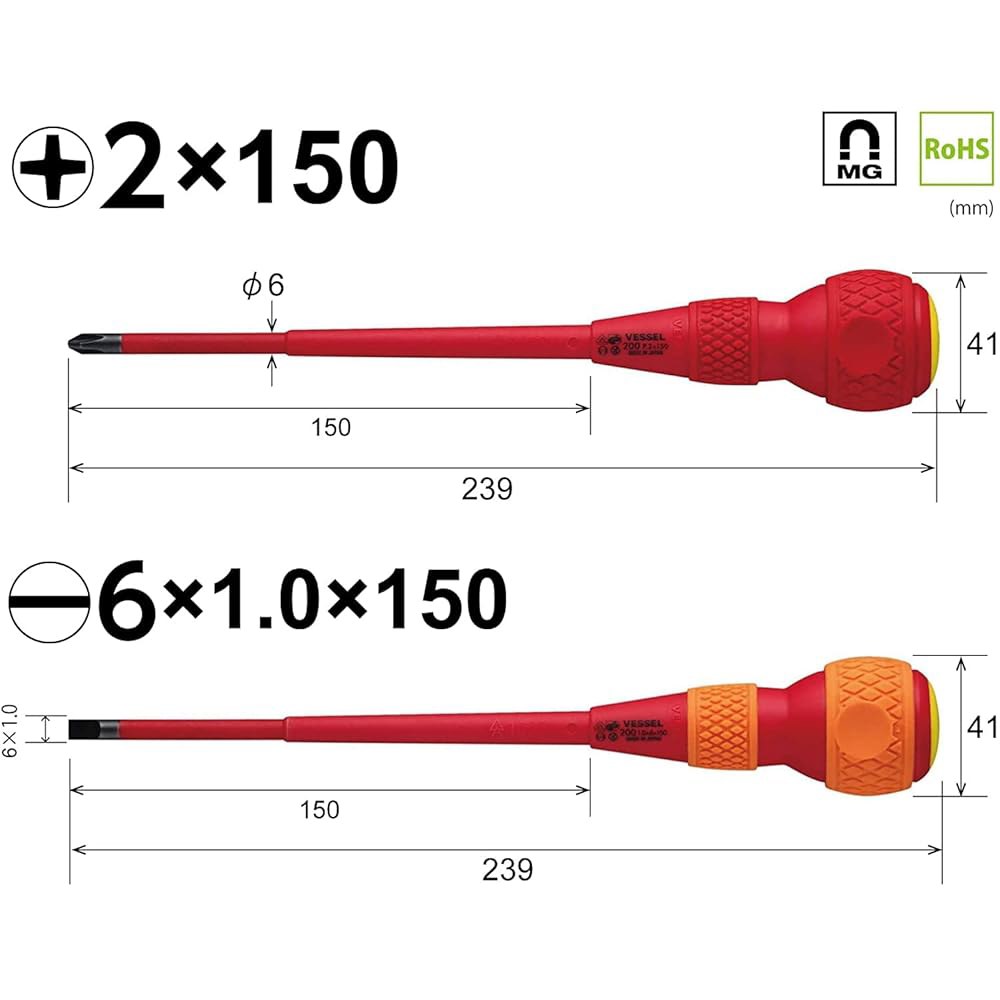 용기 202PS-2 볼 그립, 절연 드라이버, 2, +2 x 5.9 인치 (150 mm) / -6 세트 +2 100/-6 100 - 상세 이미지 2