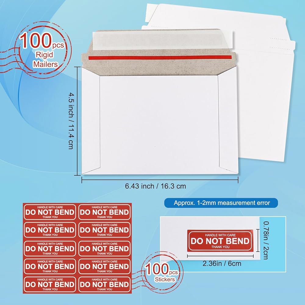 SBYURE 100팩 리지드 우편물 16.5 x 보호 문서 화이트 스탬프용 사진, 문서, 셀프 11.4cm(6.5 판지 우편물, 봉투 동전, 4.5인치) 씰 플랫 사진 - 상세 이미지 2