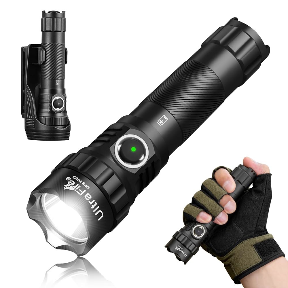 홀스터가 장착된 울트라파이어 전술 손전등, 1800루멘 USB C 충전식 듀티 벨트용 듀얼 스위치, 비상 및 경찰 UF3 PRO - 상품 이미지