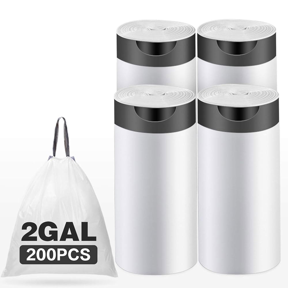 7.6L(2갤런) 드로스트링 쓰레기 봉투, 작은 주방 소형 화이트 욕실 200개 침실 강한 사무실용, - 상품 이미지