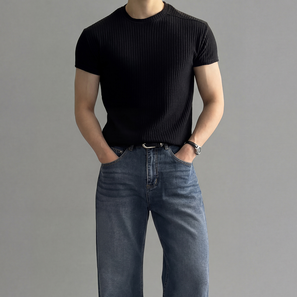 [SET] 골지 절개 머슬핏 반팔티 + 플레어핏 와이드 청바지 - 상세 이미지 3