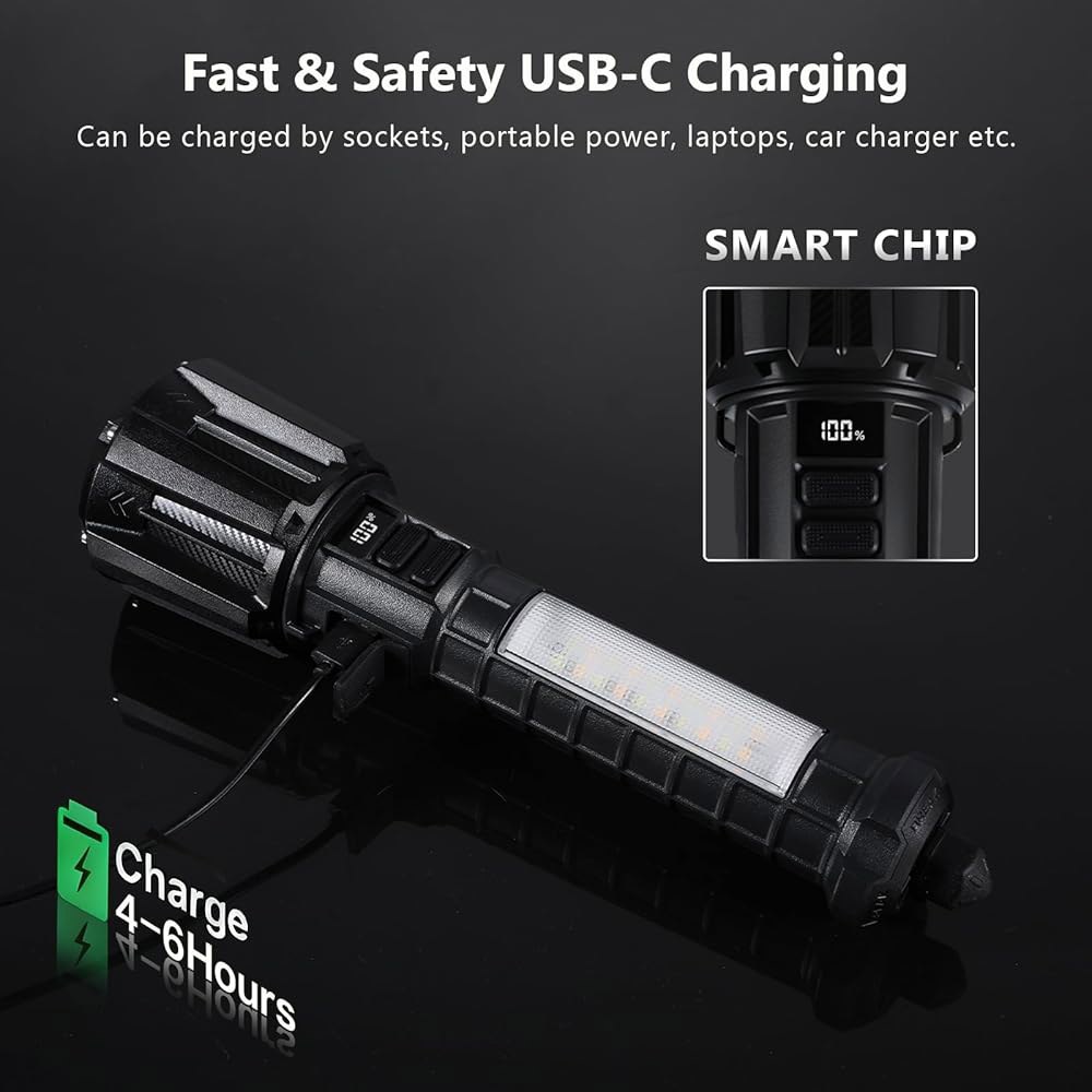 VAVOFO 20W 전술 LED 손전등, 100000LM 고광도 충전식 6000mAh 배터리, 타입-C, 창문 차단기, 레드 블루 스트로브, 사이드 라이트, 캠핑, 하이킹, 비상용 - 상세 이미지 3