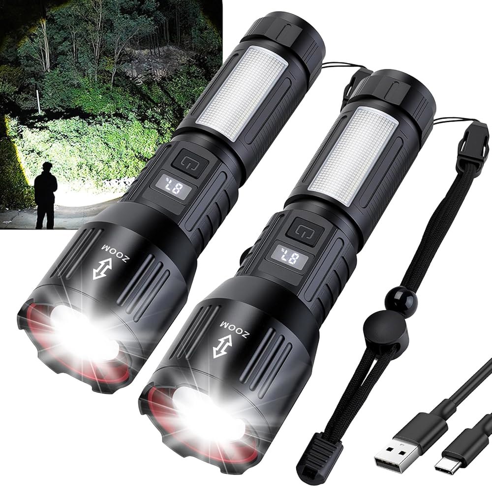 손전등 고광도 충전식 2팩, 1,500,000L 핸드헬드 LED 고출력, 6가지 모드로 조절 가능한 초밝은 손전등, 콥 사이드 라이트, 비상용 전술 - 상품 이미지