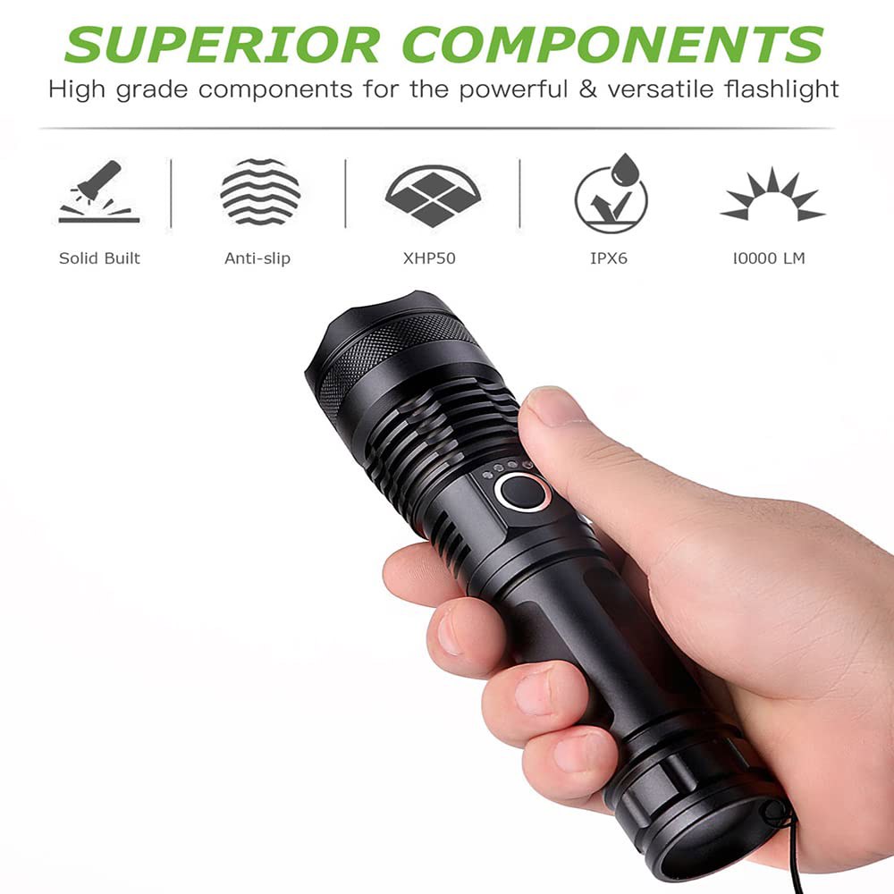 YXQUA LED 손전등, 1억 루멘 초밝은 전술 충전식 비상, 캠핑, 하이킹, 야외, 가정용 5가지 모드 줌형 방수 손전등 4 inches - 상세 이미지 2
