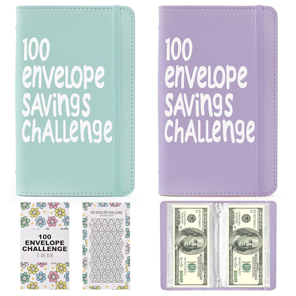 돈 절약 챌린지 봉투 2개, 미니 현금 for 바인더, 바인더 plan Save 새로운 있는 Challenges 봉투가 $5,050 Savings - 100일 and (블루&퍼플) - 상품 이미지