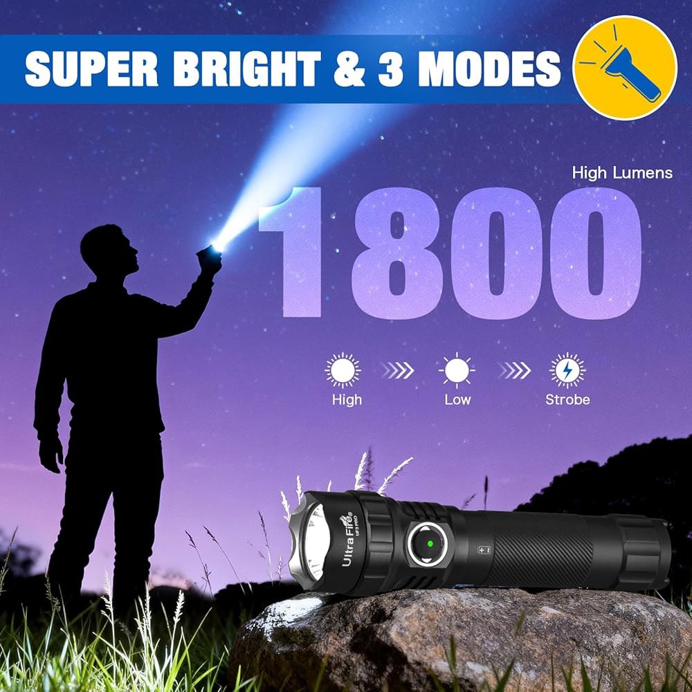 홀스터가 장착된 울트라파이어 전술 손전등, 1800루멘 USB C 충전식 듀티 벨트용 듀얼 스위치, 비상 및 경찰 UF3 PRO - 상세 이미지 2