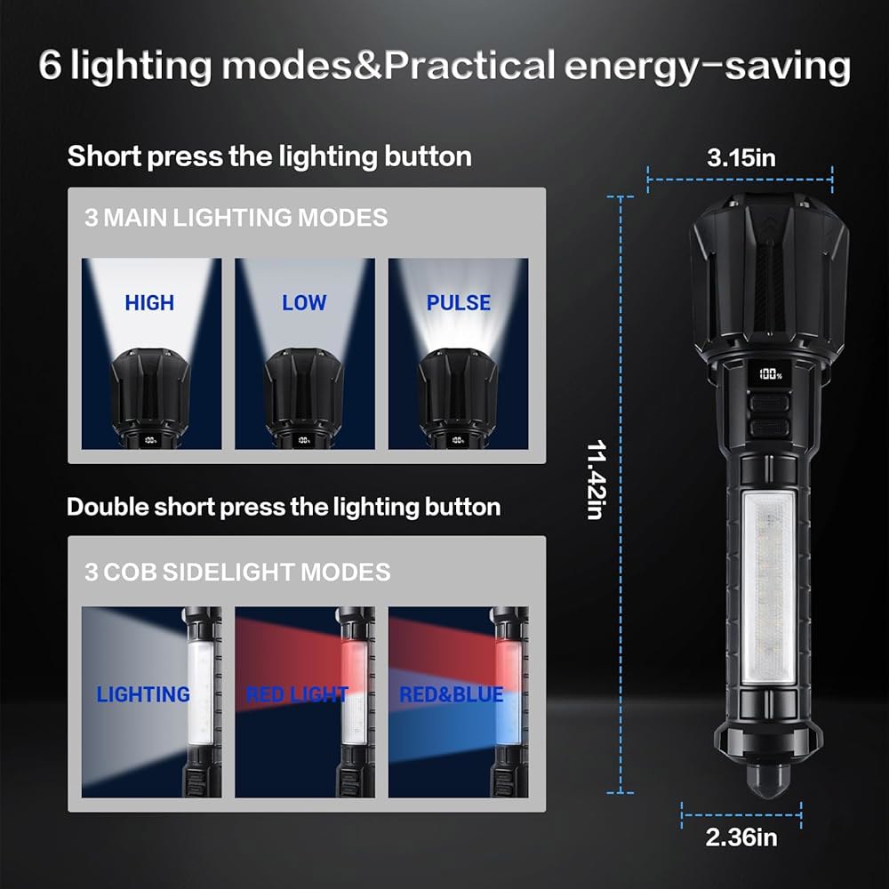 VAVOFO 20W 전술 LED 손전등, 100000LM 고광도 충전식 6000mAh 배터리, 타입-C, 창문 차단기, 레드 블루 스트로브, 사이드 라이트, 캠핑, 하이킹, 비상용 - 상세 이미지 2