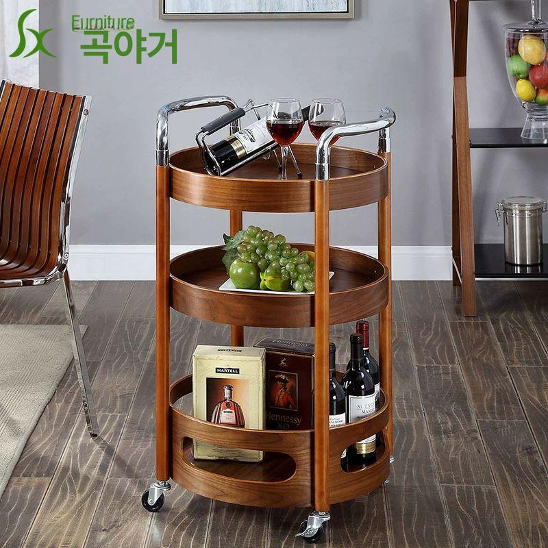 엔틱 트롤리 원목 원형 와인 고급 주류 서빙카트 웨건 수납랙 - 상품 이미지