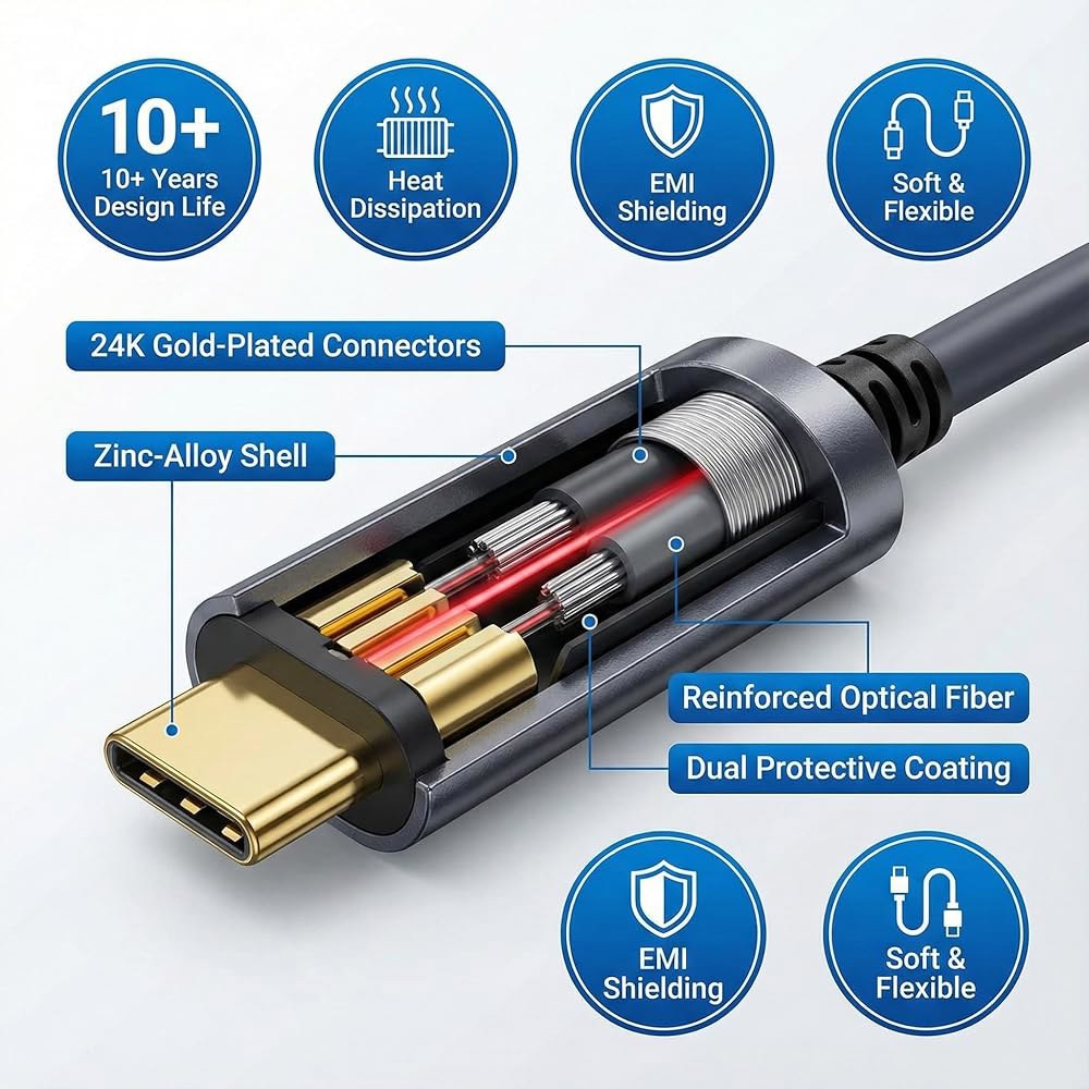 DWLCWY 광섬유 USB C to 케이블(50피트), 슬림 고속 10Gbps 3.2 Gen2 액티브 광케이블 VR, 웹캠, 노트북 등 다양한 용도로 사용할 수 있습니다 50ft - 상세 이미지 2