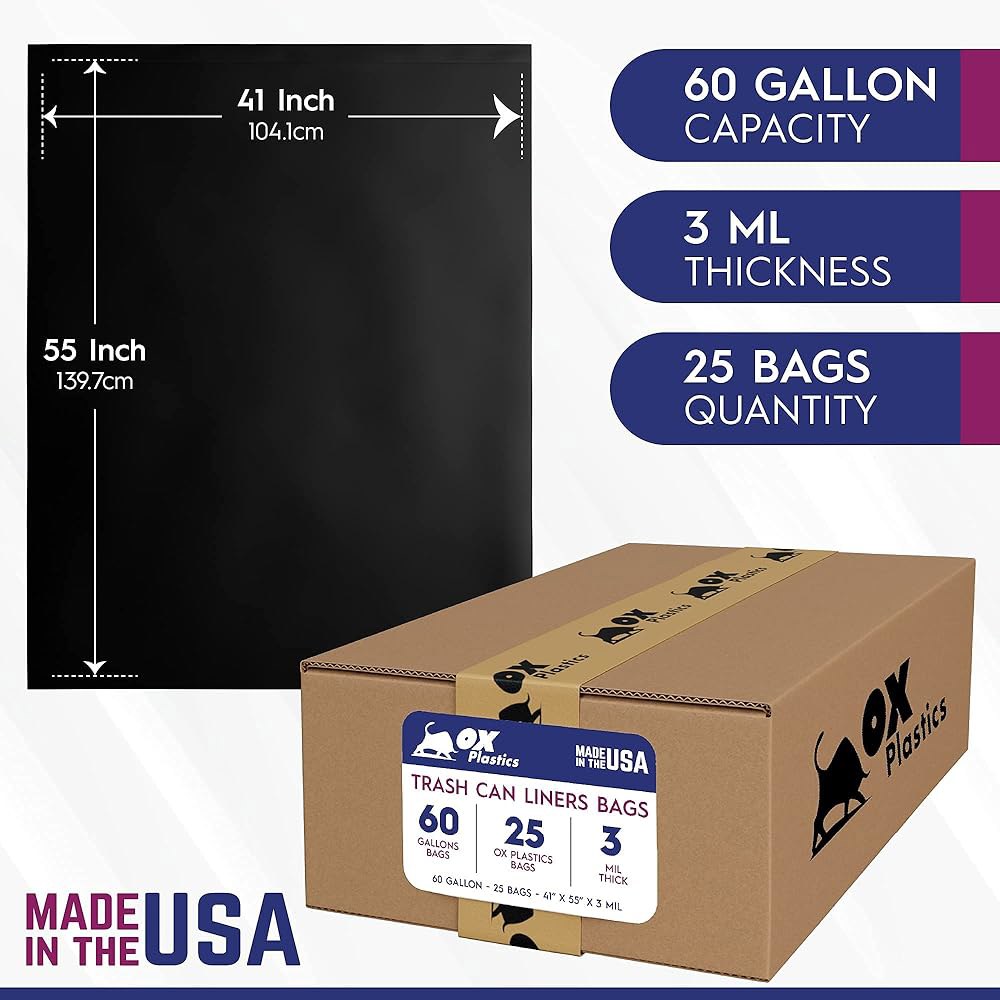 Ox Plastics 252.1L(60갤런) 쓰레기통 라이너 백 쓰레기, 가방 있는 3mm 및 강도 (25개) 매우 튼튼한 누출 두께의 대형 내구성 방지 - 상세 이미지 2