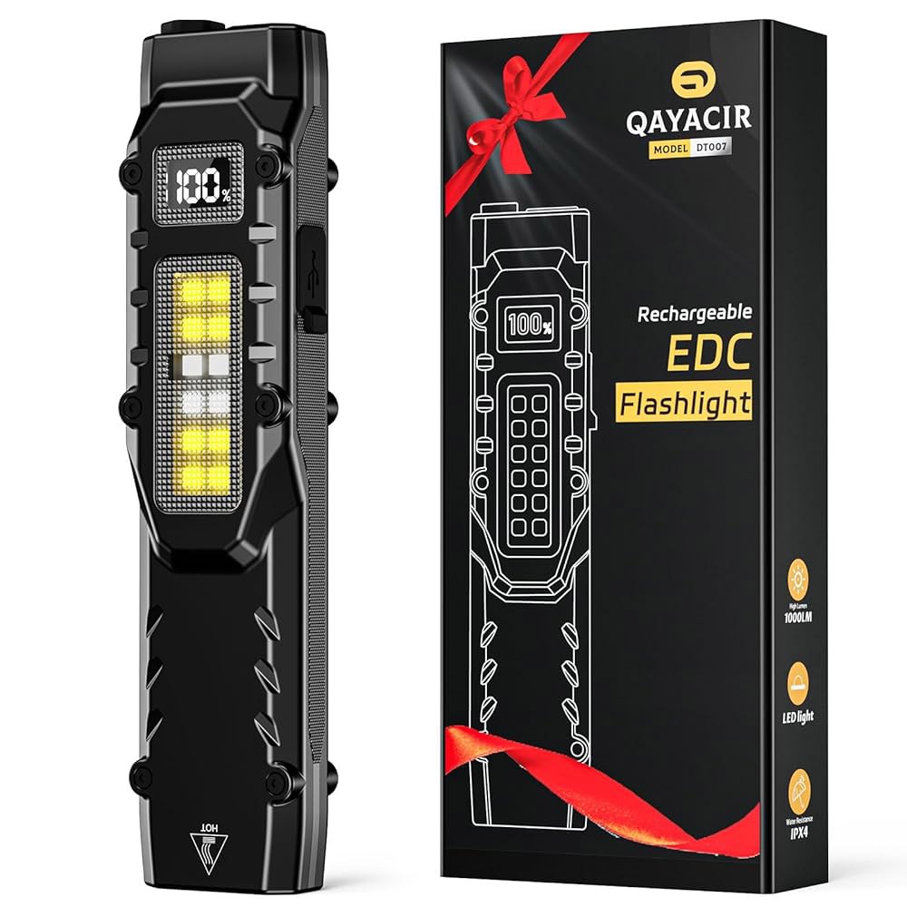 EDC 전술 손전등, 1100 고광도 충전식 LED 플랫 손전등 / 클립 및 디지털 디스플레이, 홈 캠핑 비상용 포켓 남성용 선물 아빠 남편, 스타킹 스터퍼 1 Pack - 상품 이미지