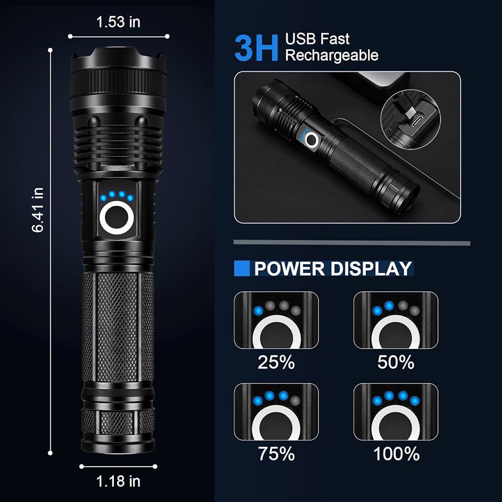 3팩 충전식 손전등 고광도, 990000LM 초밝은 LED 손전등, 5가지 모드와 USB 케이블로 조절 가능한 강력한 홈 캠핑 야외용 방수 핸드헬드 - 상세 이미지 3
