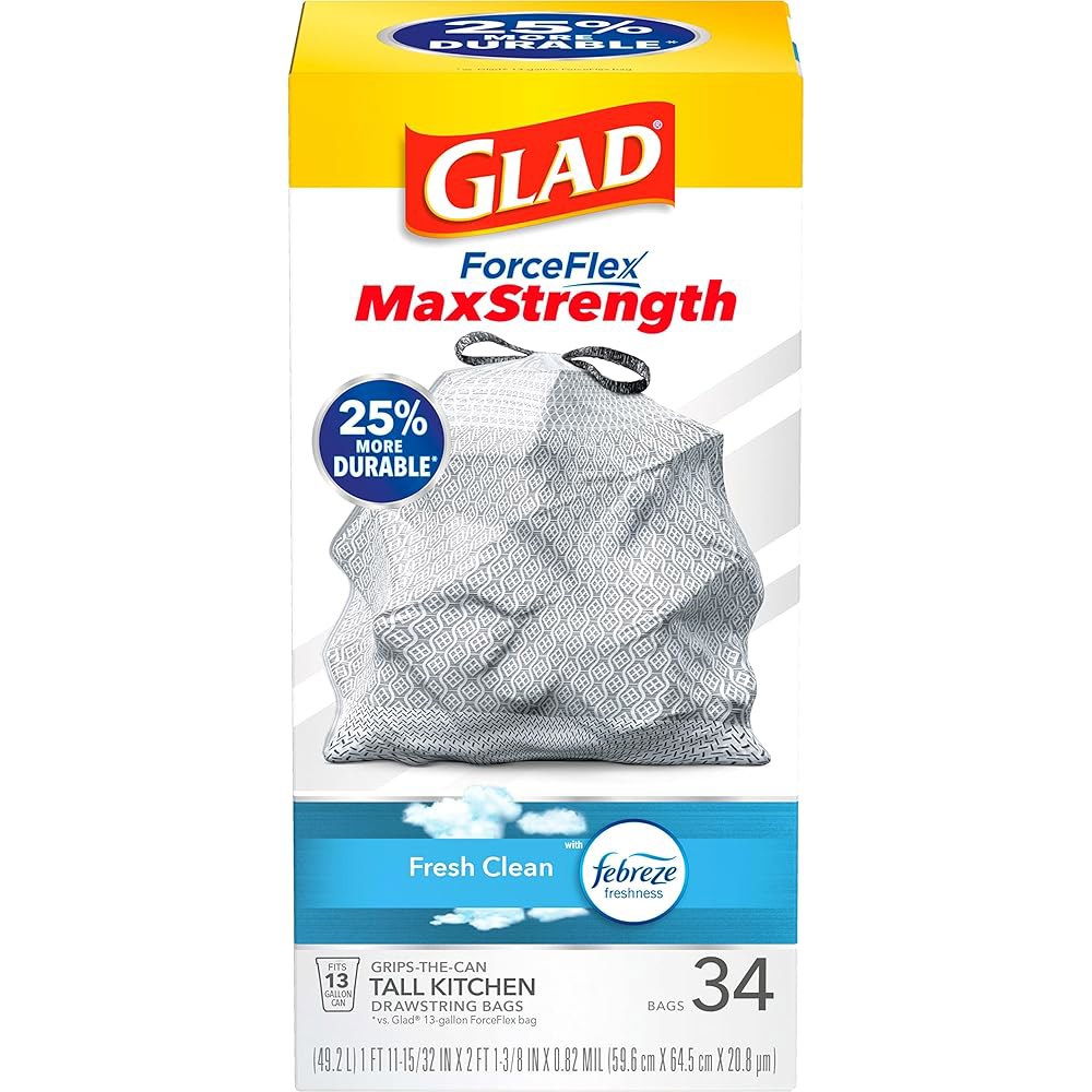 Glad ForceFlex MaxStrength 톨 키친 드로스트링 신선하고 신선함이 페브리즈 향, 깨끗한 있는 49.2L(13갤런), 봉투, 34개입 쓰레기 - 상품 이미지