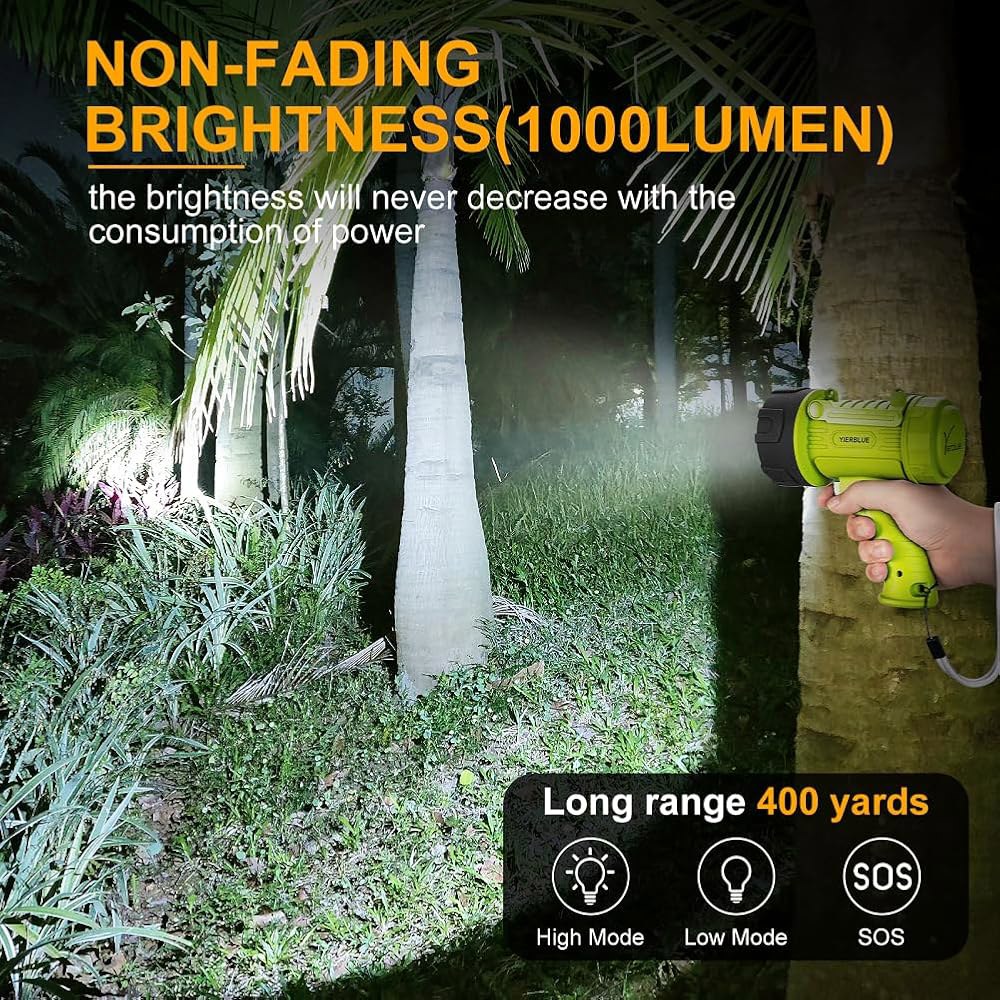 YierBLUE 충전식 스포트라이트, 1000,000개의 고광도 LED, IP67 방수 핸드헬드 손전등 탐색등, 탈착식 레드 라이트 필터 포함 Red - 상세 이미지 2