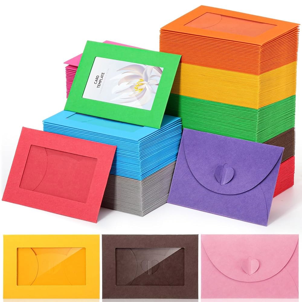 Uiifan 투명 창이 있는 기프트 카드 봉투 모양 x 명함 걸쇠 7.1cm(4 (컬러풀) 2.8인치) 슬리브 키 150피스 미니 초대장 파티 인사말 빈 10.2 하트 - 상품 이미지