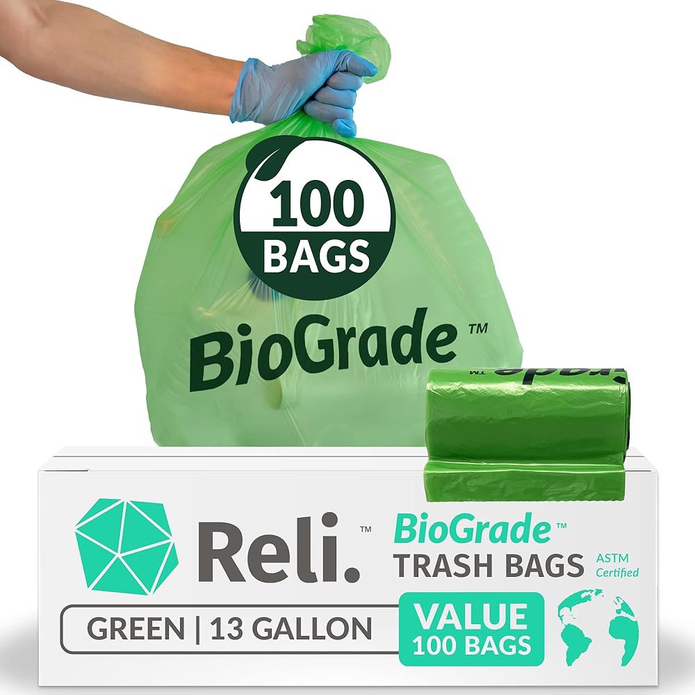 Reli. 생분해성 49.9L(13갤런) 쓰레기 봉투 100개 그린 설명 특정 D6954 ASTM 옥소생분해성 (제품 참조) 친환경 조건에서 100 Count (Pack of 1) - 상품 이미지