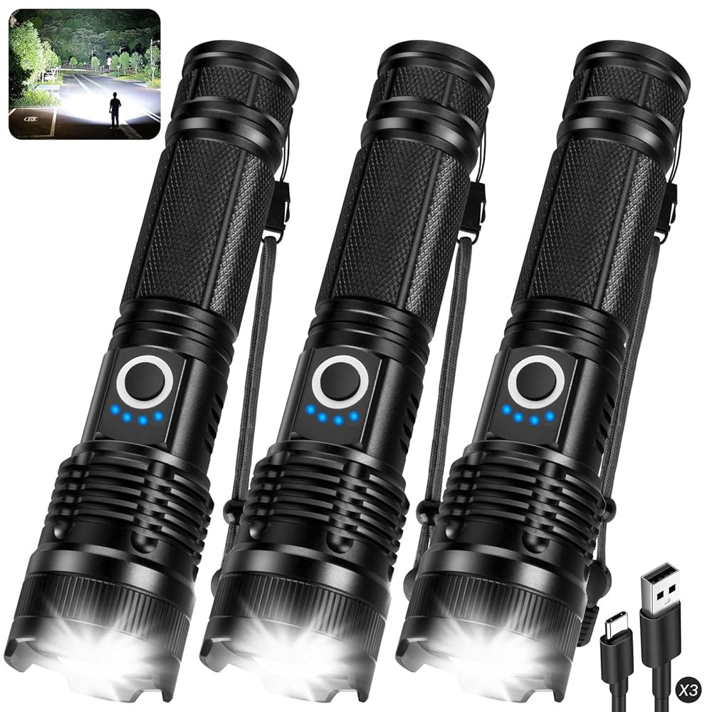 3팩 충전식 손전등 고광도, 990000LM 초밝은 LED 손전등, 5가지 모드와 USB 케이블로 조절 가능한 강력한 홈 캠핑 야외용 방수 핸드헬드 - 상품 이미지
