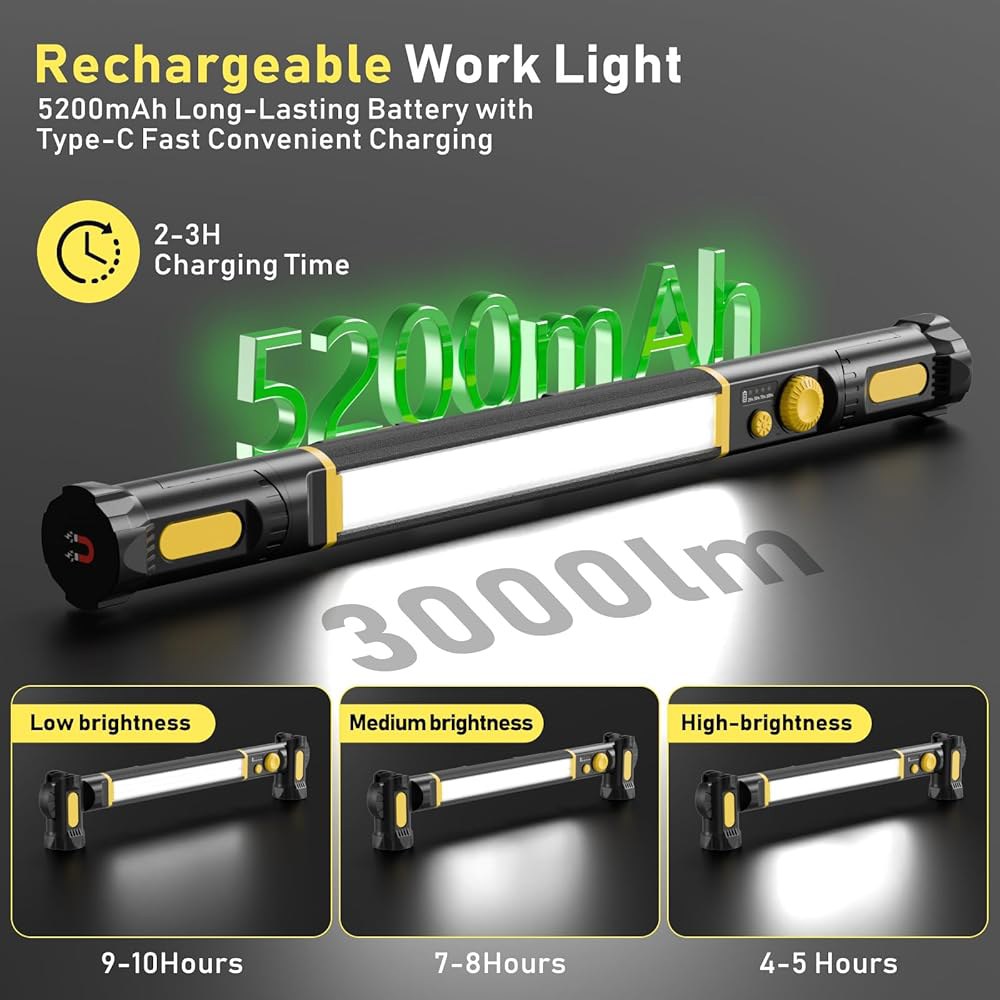 마그네틱 작업등, 5200mAh 충전식 LED 작업등 바, 자동차 수리/점검용 후드 정비등 아래 3000LM 밝기 / 차고 작업장 비상 (블랙-옐로우 1팩) Black-Yellow - 상세 이미지 3