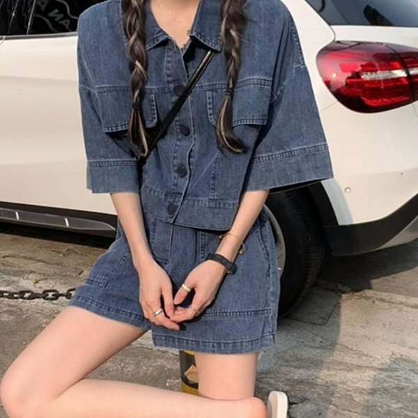 캐주얼 여성 데님 투피스 반팔 데님 상하복 반바지 여름 - 상품 이미지