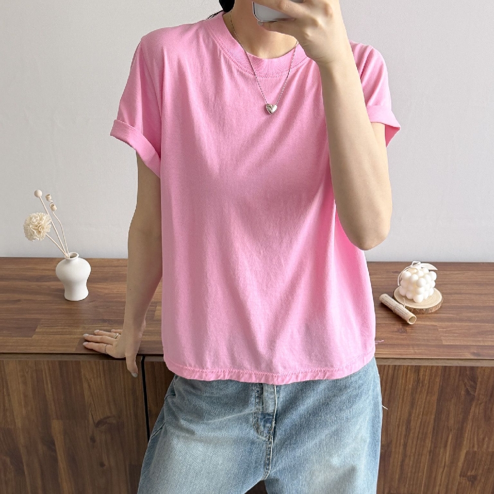 여성반팔티 세미크롭 이너 레이어드 무지 면 반팔 티셔츠 - 상품 이미지