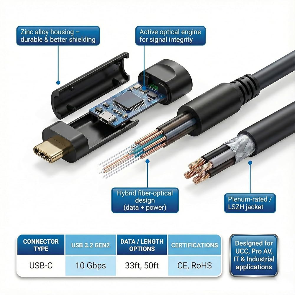 DWLCWY 광섬유 USB C to 케이블(50피트), 슬림 고속 10Gbps 3.2 Gen2 액티브 광케이블 VR, 웹캠, 노트북 등 다양한 용도로 사용할 수 있습니다 50ft - 상세 이미지 3
