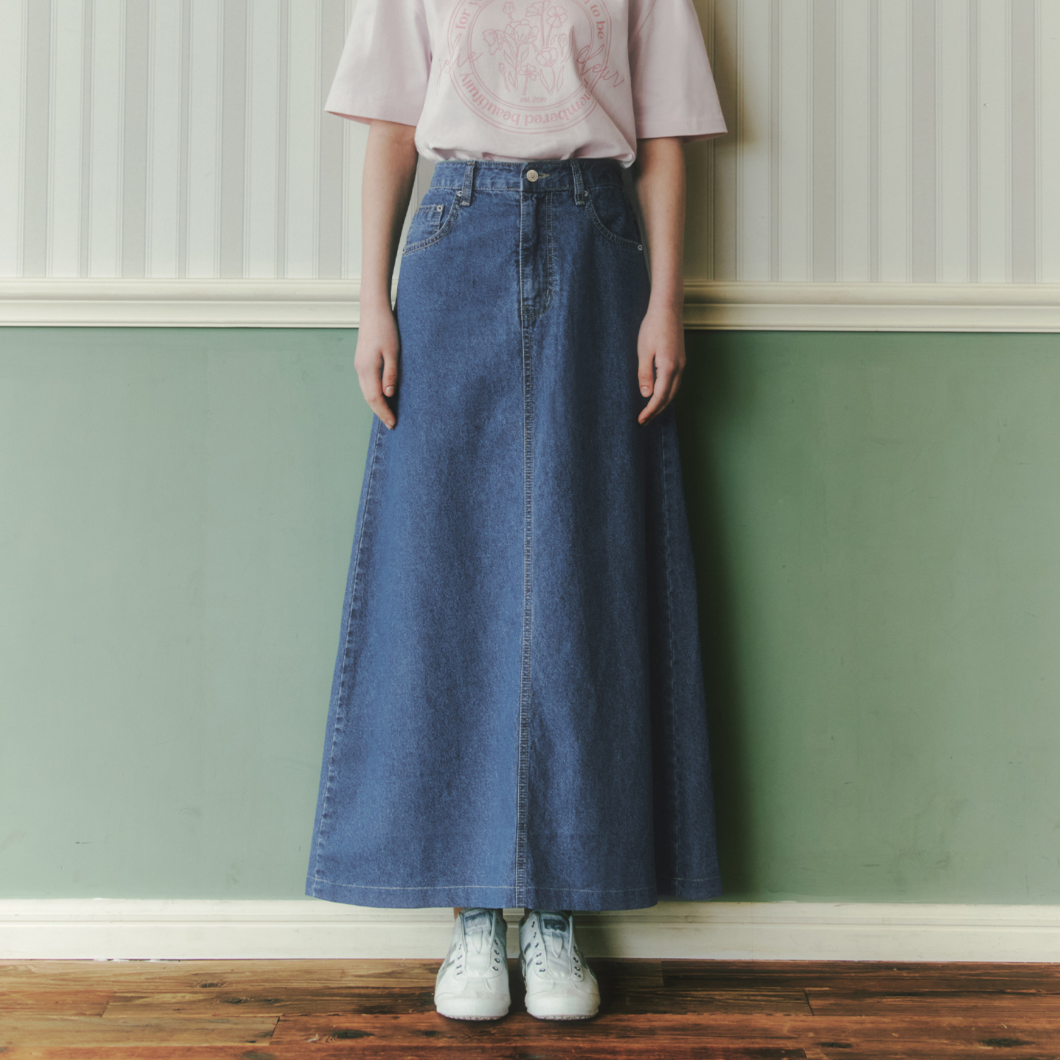 [제로스트릿] 밴딩 데님 롱 스커트 BANDING DENIM LONG SKIRT / INDIGO - 상품 이미지