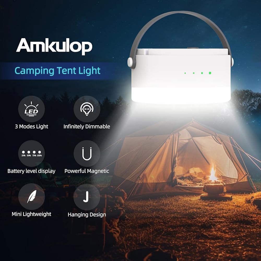 텐트 조명 및 휴대용 램프가 장착된 LED 충전식 캠핑 랜턴 - USB-C 마그네틱 베이스, 스텝리스 디밍 가능, 2000mAh 배터리, 걸이식 디자인, 전원 표시등, 컴팩트 경량 - 상세 이미지 2