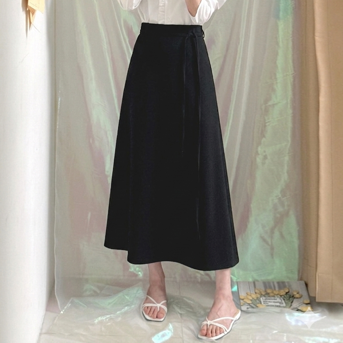 노멀 플레어 벨티드 맥시 롱 스커트 (BLACK, 2 SIZE) - 상세 이미지 3