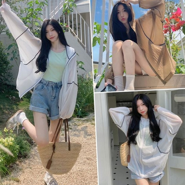 오버핏 여성 후드 바람막이 루즈핏 여성 시스루 바람막이 아우터 - 상품 이미지