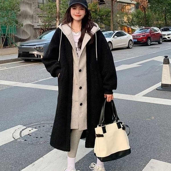 레이어드 여성 후드 점퍼 플리스 여성 양털 점퍼 루즈핏 - 상품 이미지