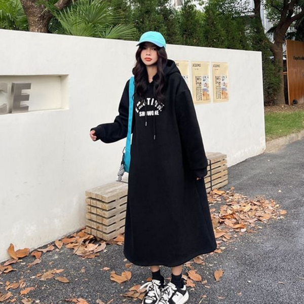 데일리 여성 롱 후드 원피스 루즈핏 기모 후드 원피스 - 상품 이미지