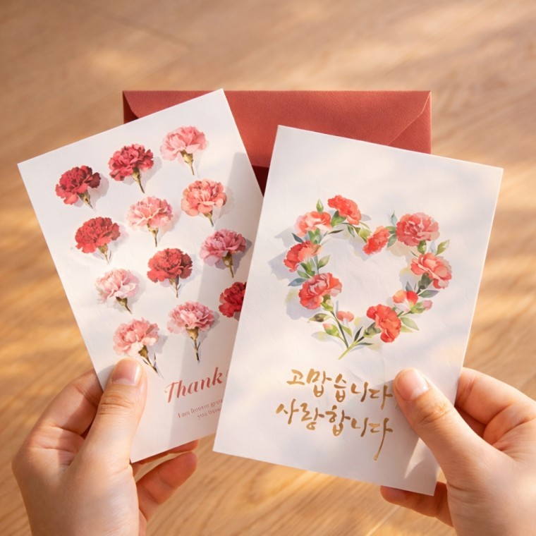 카네이션 감사 메세지 카드 봉투 세트 10종 어버이날 스승의날 메시지 선생님 부모님 편지 엽서 편지지 - 상품 이미지