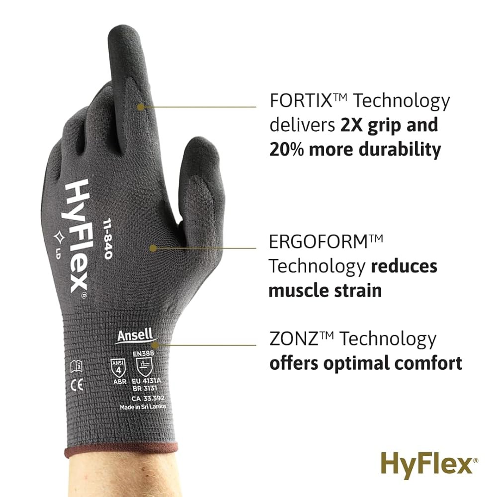Ansell HyFlex 11-840 인체공학적 내마모성 나일론 스판덱스 니트릴 코팅 자동차, 제조용 산업용 장갑 1 Pair Size 6 (XS) - 상세 이미지 2