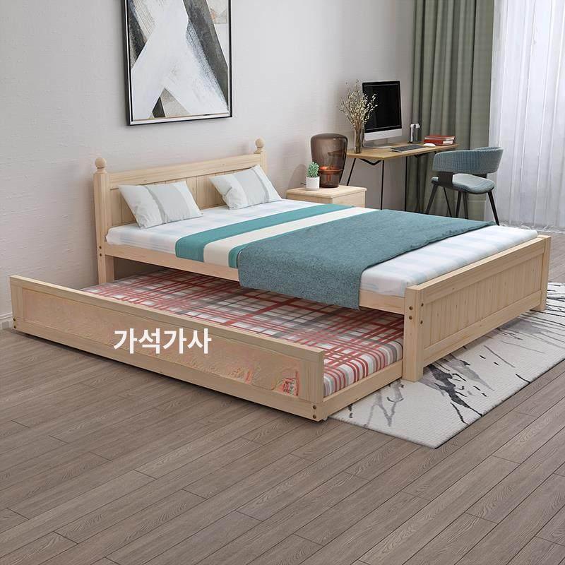 슬라이딩 2단 침대 친환경 북유럽 소나무 원목 견고한 저상형 확장형 이단 프레임 매트리스 내추럴우드 싱글 침대 1000mmx2000mm 프레임 구조 - 상세 이미지 2