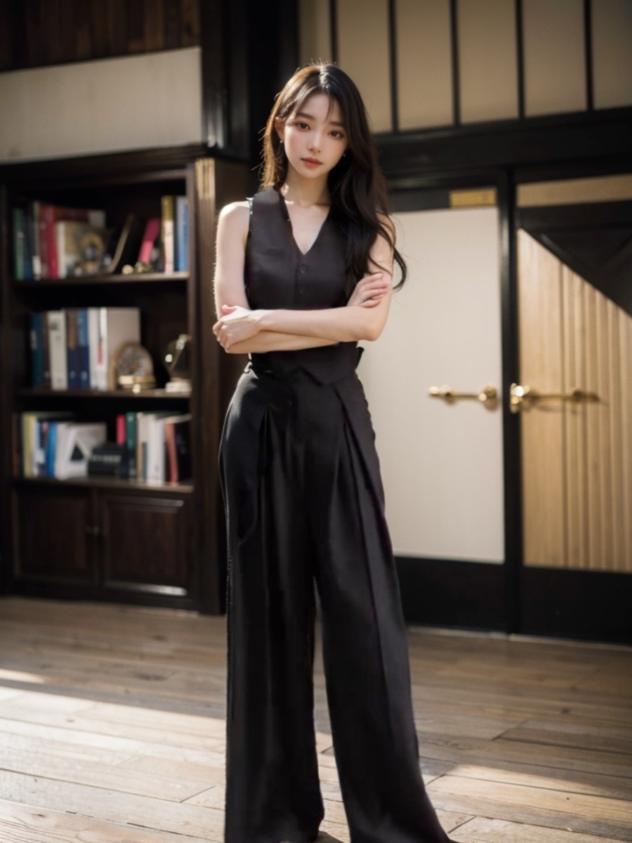 조끼 와이드팬츠 세트 셋업 정장 여름 슬랙스 여자연예인 드라마 클래식 패션 올블랙 코디 - 상세 이미지 4