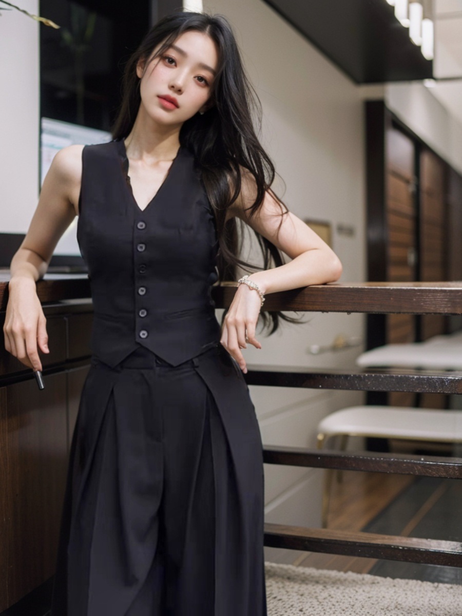 조끼 와이드팬츠 세트 셋업 정장 여름 슬랙스 여자연예인 드라마 클래식 패션 올블랙 코디 - 상세 이미지 2