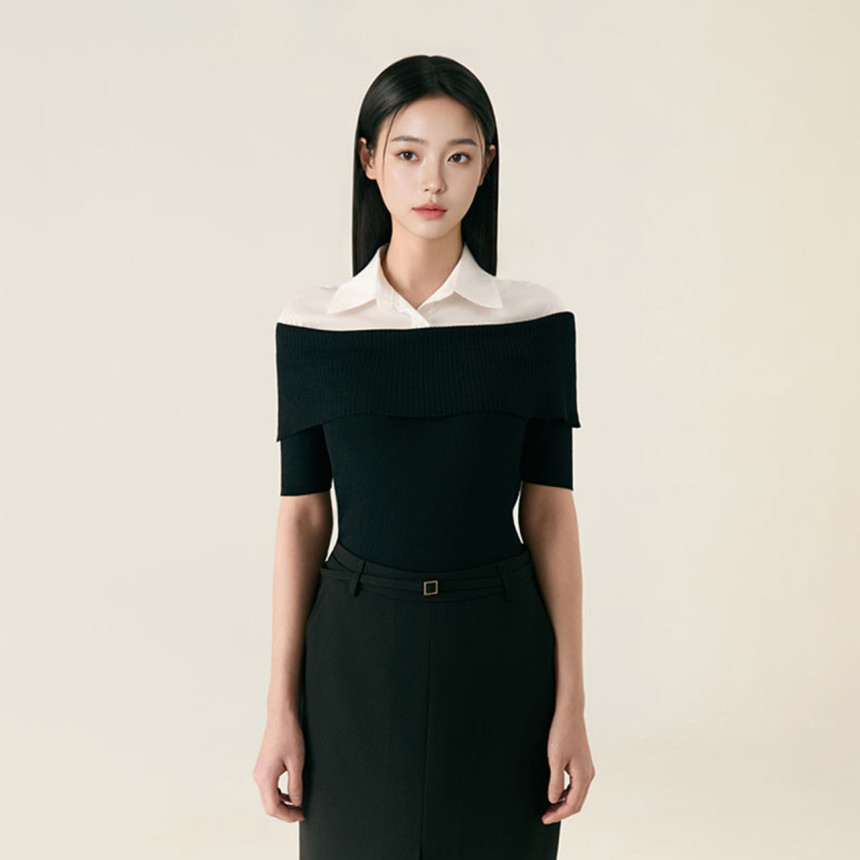 [N배송] 로엠 우븐매칭 오프숄더 반팔 니트 RMKAG24R12