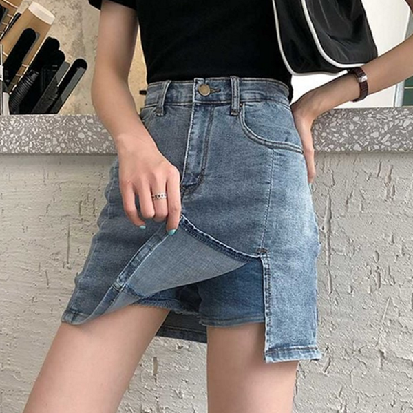 짧은 여성 데님 치마 앞트임 데님 치마 스커트 여성미 - 상품 이미지
