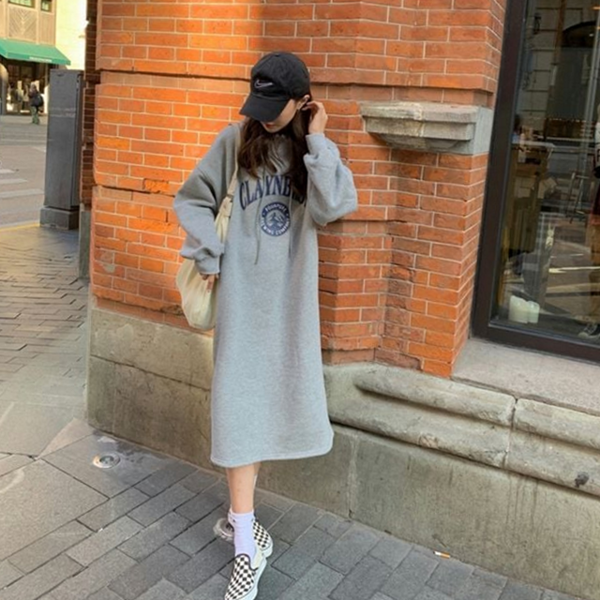 데일리 기모 후드 원피스 루즈핏 여성 후드 원피스 박시핏 - 상품 이미지