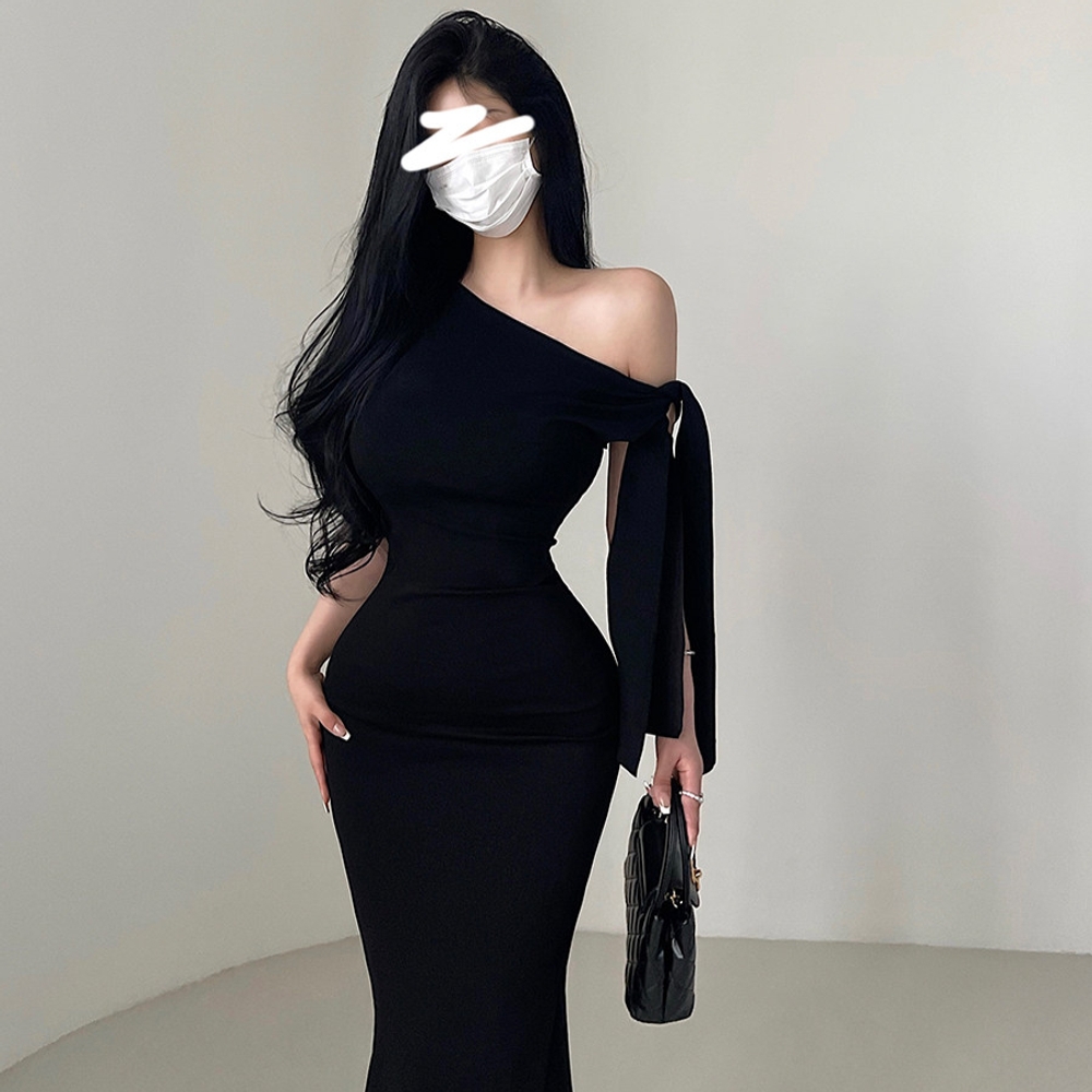 동탄미시룩 비대칭 오프숄더 비스듬 어깨 스트랩 포인트 섹시 페미닌 원숄더 파티 드레스 - 상세 이미지 5