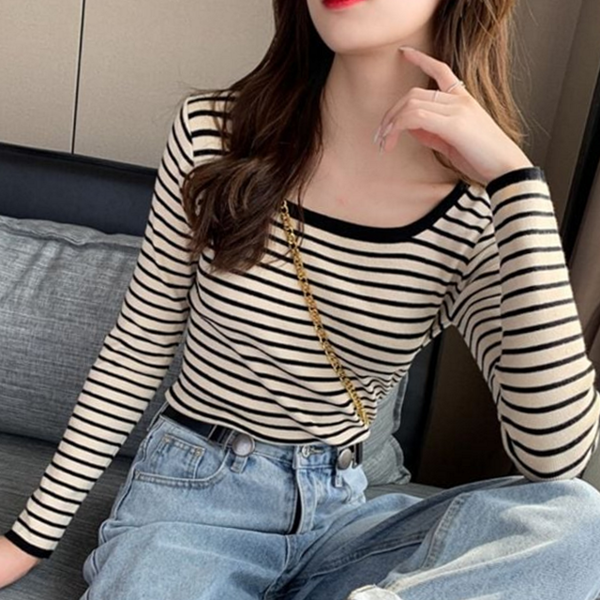 데일리 여성 스트라이프 티셔츠 라운드 스트라이프 티셔츠 베이직 얇은 슬림 - 상품 이미지