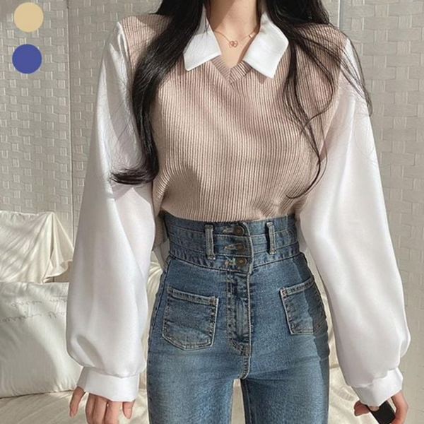 카라 여성 페이크 레이어드 티셔츠 브이넥 여자 레이어드 티셔츠 - 상품 이미지