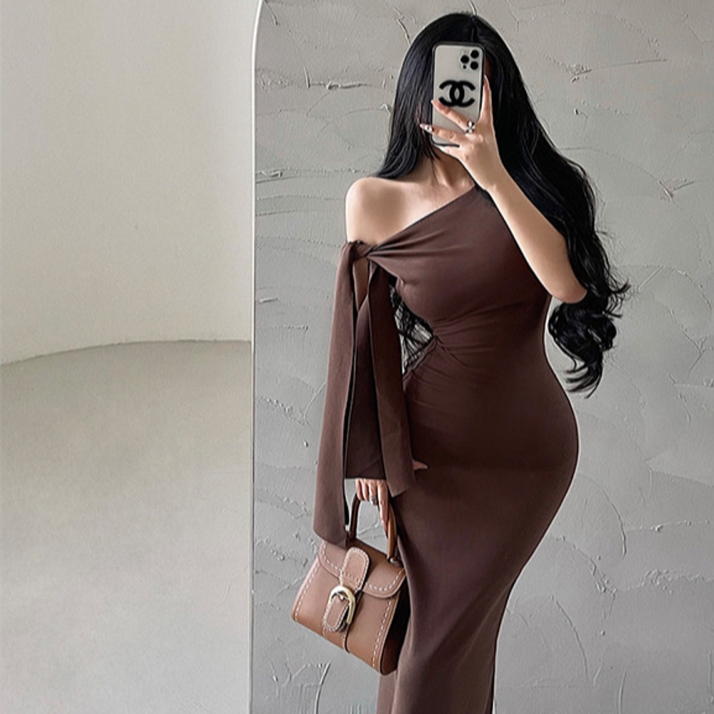동탄미시룩 비대칭 오프숄더 비스듬 어깨 스트랩 포인트 섹시 페미닌 원숄더 파티 드레스 - 상세 이미지 2