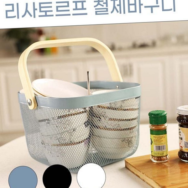 다용도 철제 수납 바구니 손잡이 철망 수납 바구니 우드 원형 - 상품 이미지