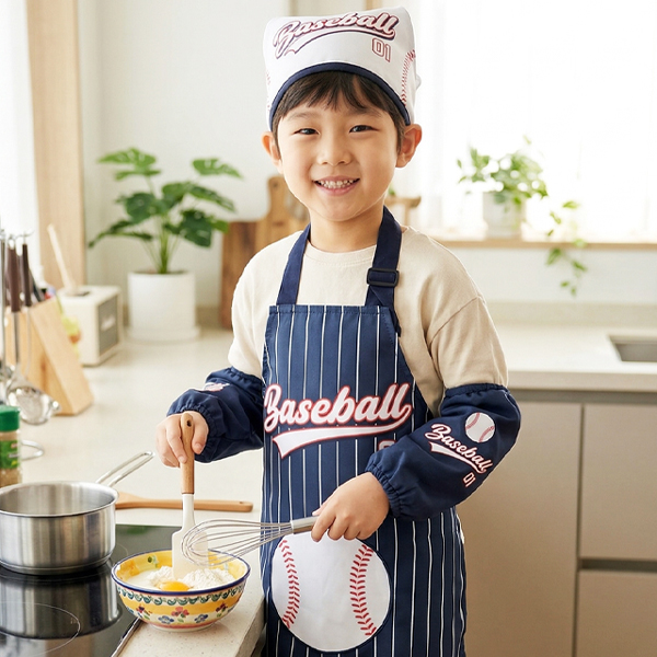 베이스볼 앞치마세트 남아 어린이집 유치원 요리 미술가운 방수 토시 두건 - 상세 이미지 2