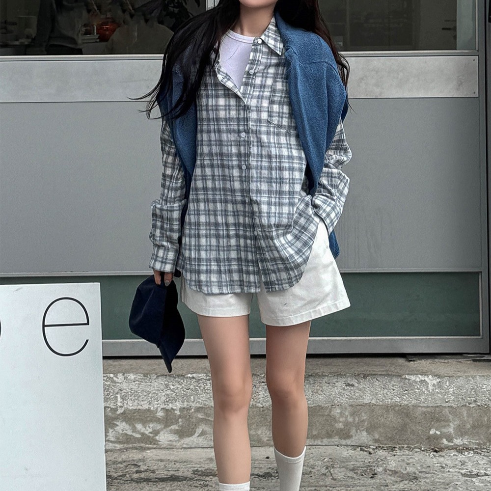 포리 오버핏 빈티지 체크 링클 셔츠 이미지 8
