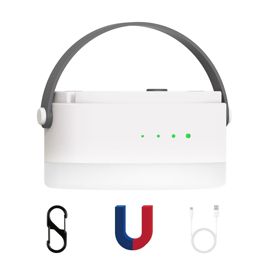 텐트 조명 및 휴대용 램프가 장착된 LED 충전식 캠핑 랜턴 - USB-C 마그네틱 베이스, 스텝리스 디밍 가능, 2000mAh 배터리, 걸이식 디자인, 전원 표시등, 컴팩트 경량 - 상품 이미지