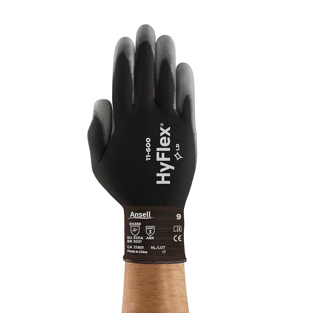 Ansell HyFLEX 11-600 경량 나일론 산업용 장갑, 금속 제조용/팜 코팅, 자동차용 - XL (10), 검은색 (1쌍) - 상품 이미지