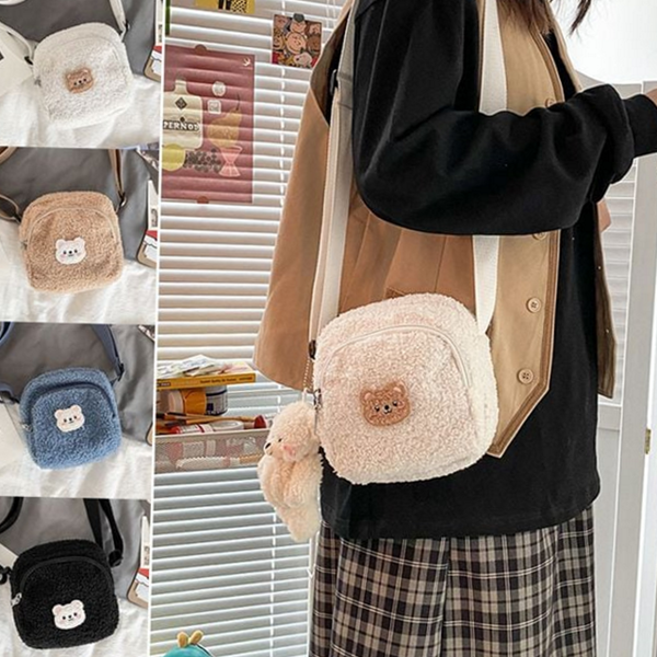 곰돌이 미니 크로스 백 램스울 뽀글이 크로스 백 데일리 - 상품 이미지